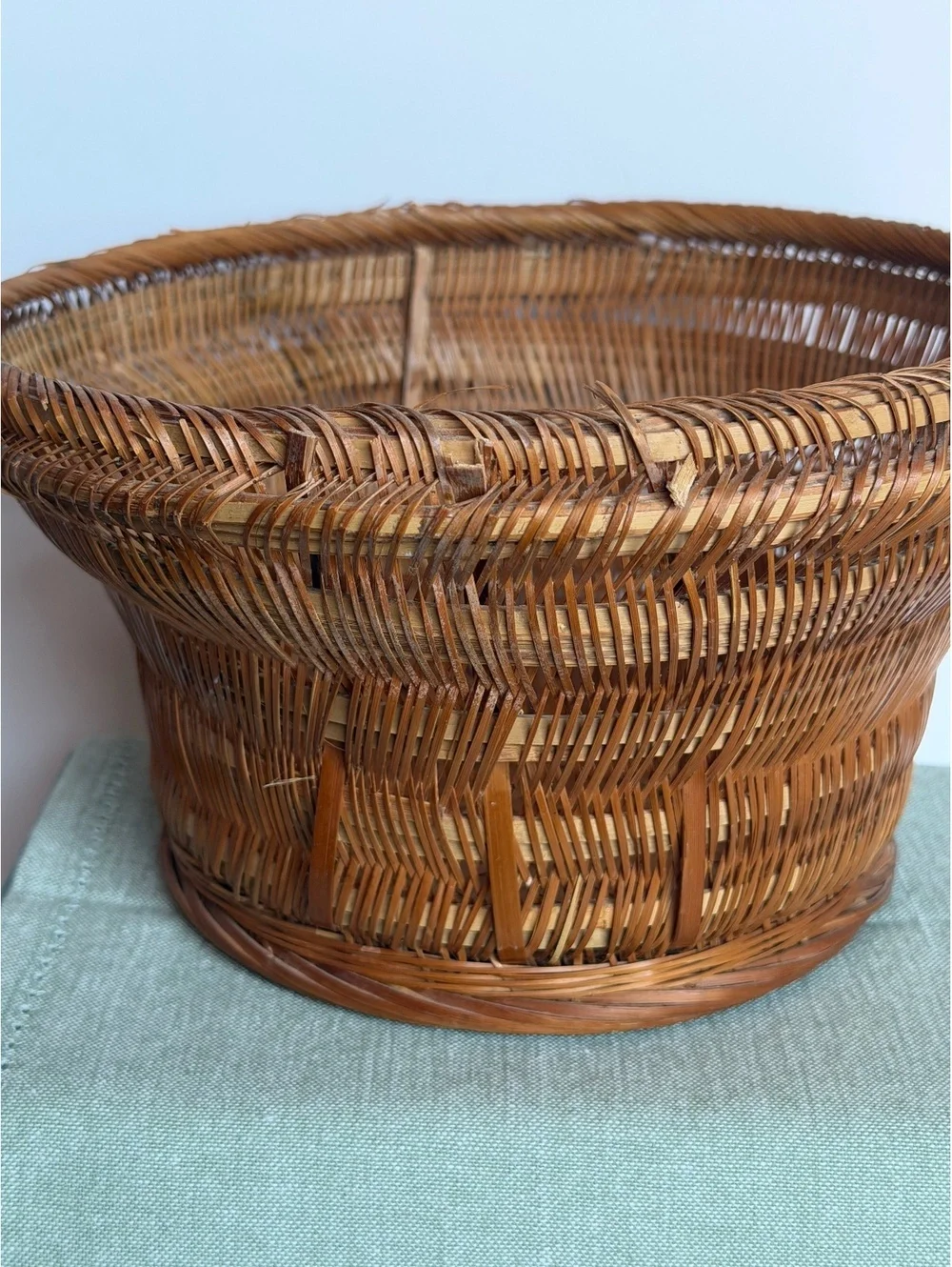 Vintage Chinese Handwoven Bamboo Rattan Basket Kagome Weave Mid Century Decor